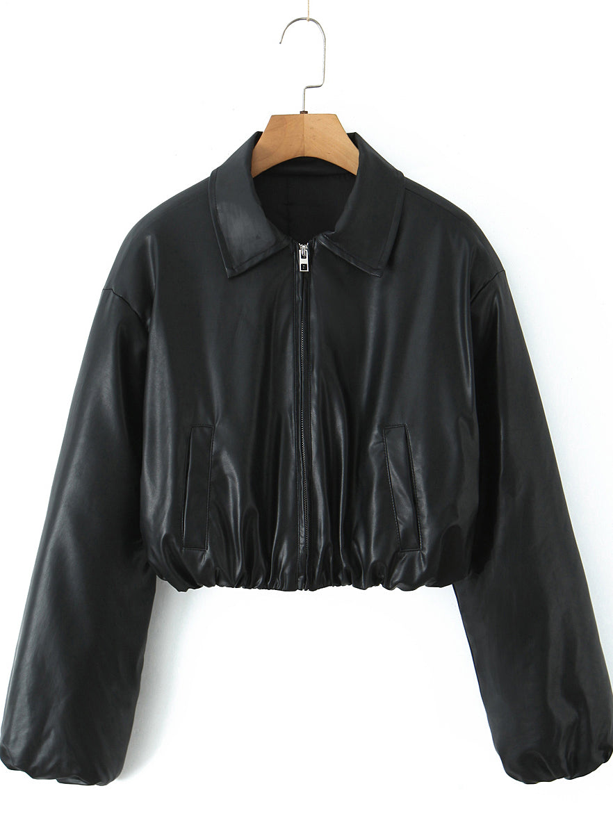 Langry faux leather loose thick warm short jacket with high collar and long sleeves