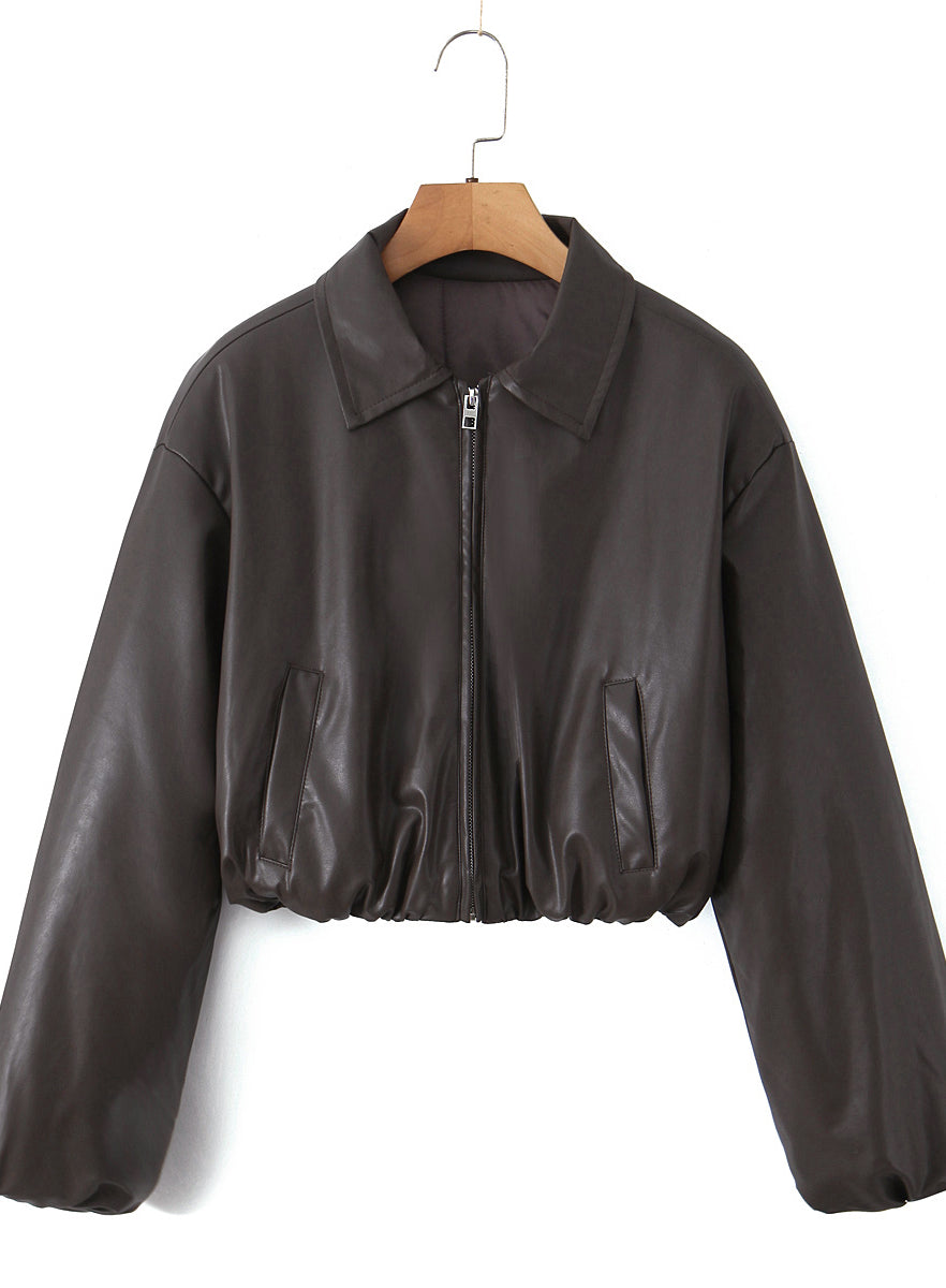 Langry faux leather loose thick warm short jacket with puff sleeves