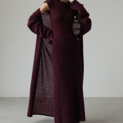 Burgundy knitted cardigan sleeveless dress with cold-shoulder long sleeves