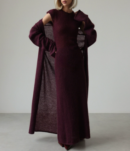 Burgundy knitted cardigan sleeveless dress with cold-shoulder long sleeves