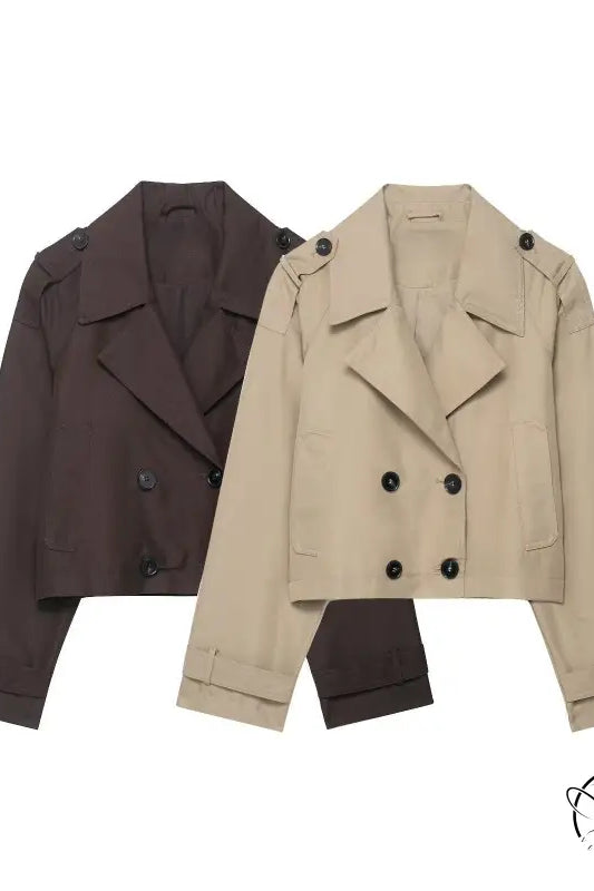 Beige double breasted short trench coat with black lapels and buttons