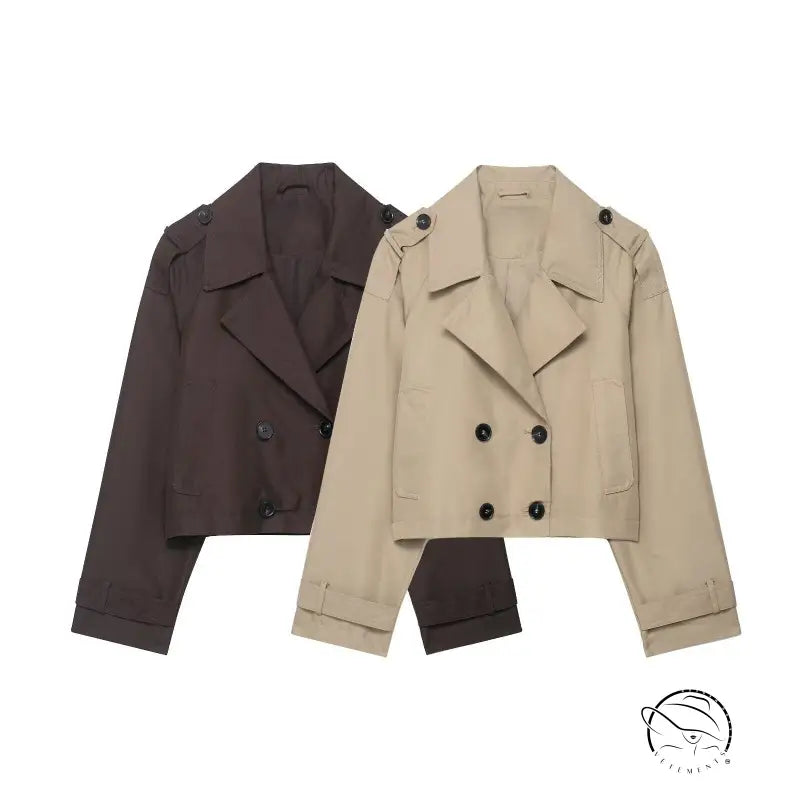 Beige double breasted short trench coat with black lapels and buttons
