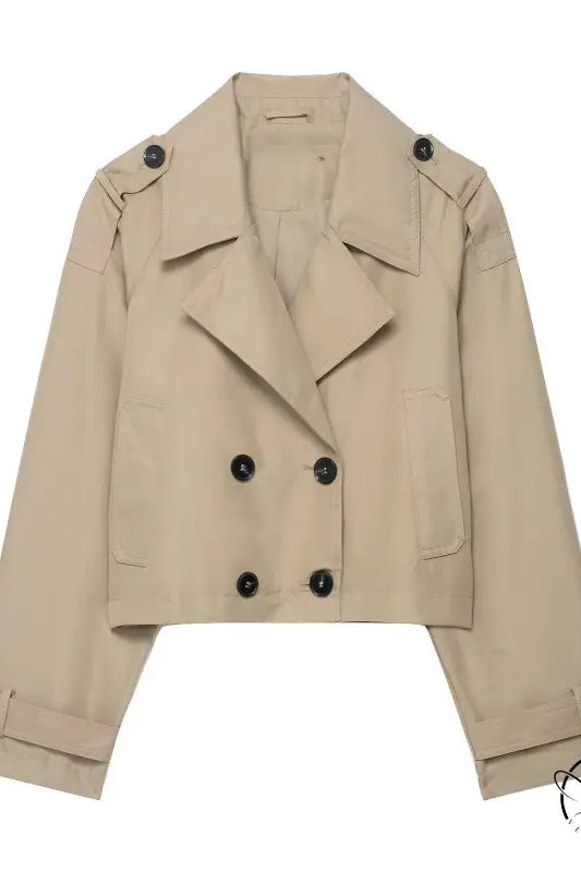 Casual double breasted short trench coat in beige with rolled cuffs