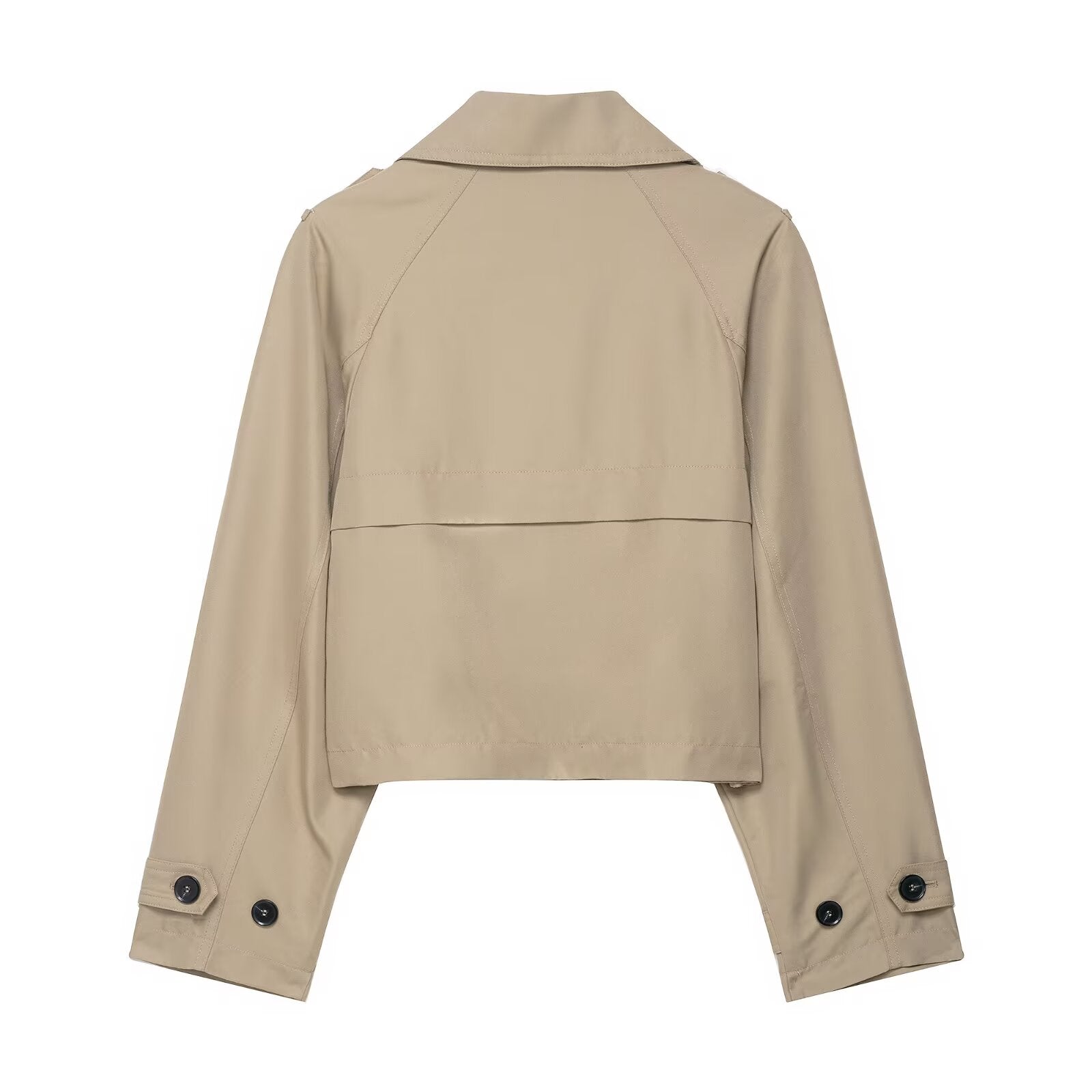 Beige cropped double breasted Langry trench coat with buttoned cuffs
