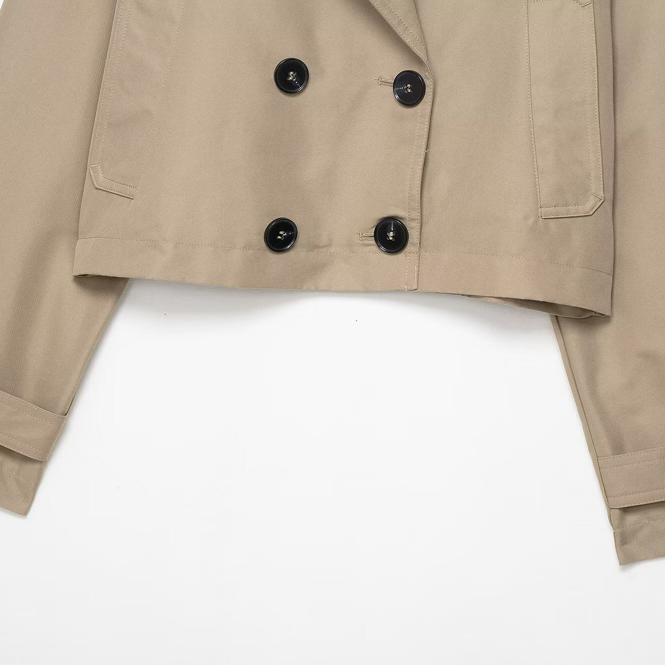 Beige double breasted cropped jacket by Langry fashion with black buttons