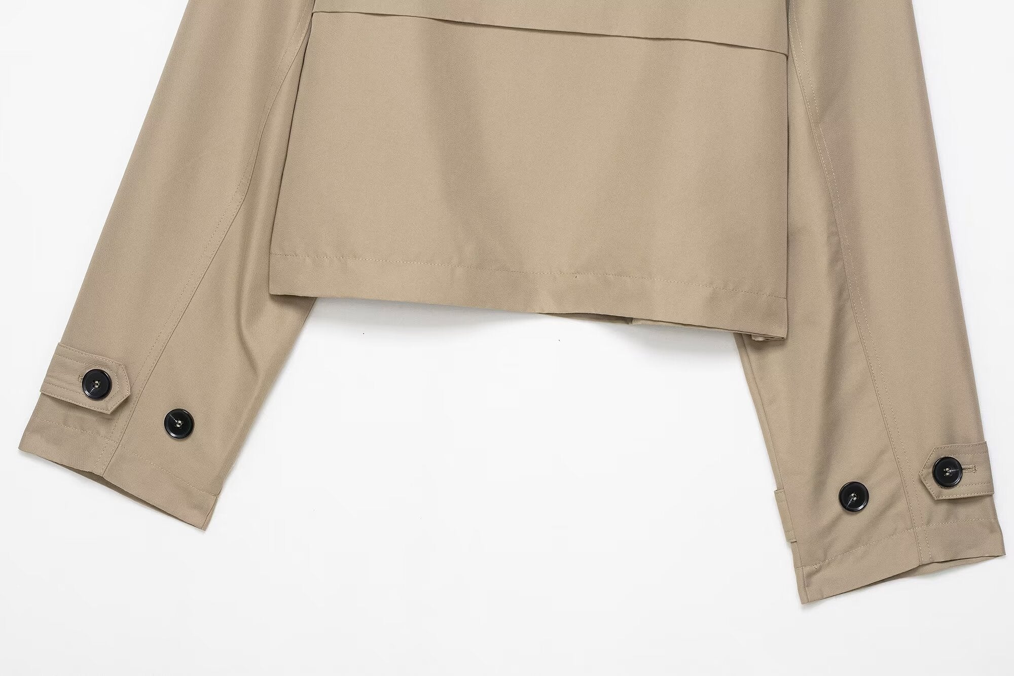 Casual double breasted short trench coat in beige with buttoned cuffs