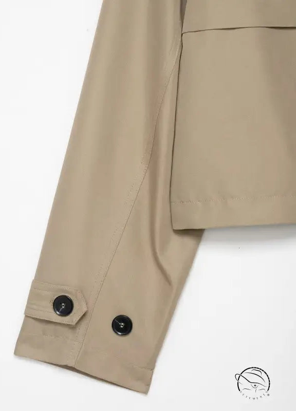 Casual double breasted short trench coat in beige with black buttons and pockets