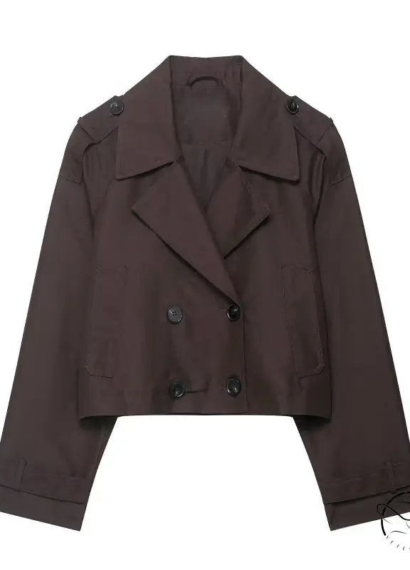 Brown double breasted short trench coat with lapels and buttons