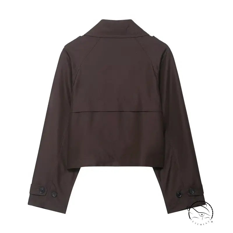 Brown double breasted short trench coat with cropped jacket style