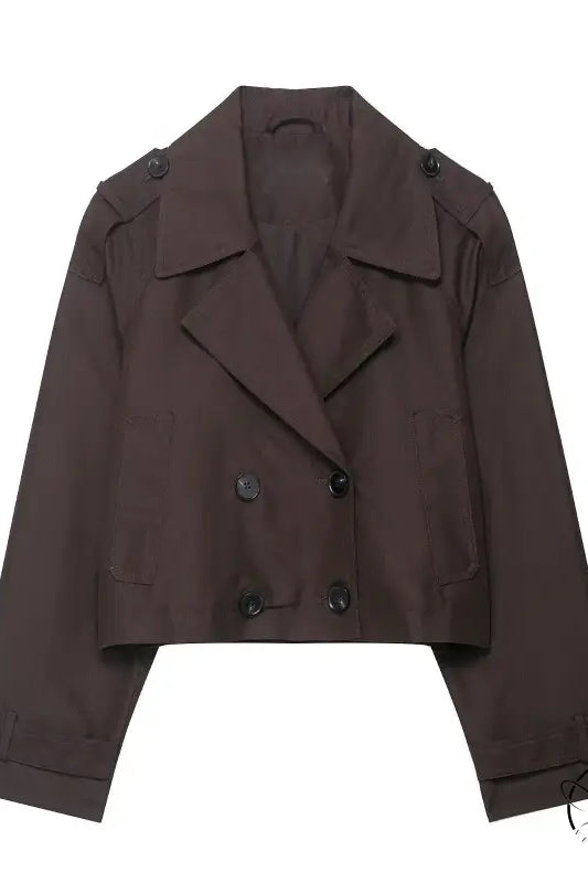 Brown double breasted short trench coat with cropped blazer style