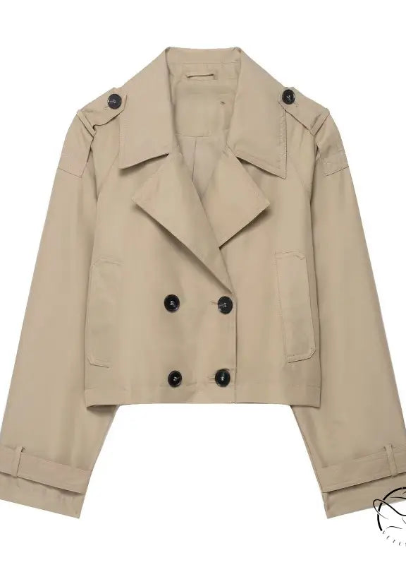 Beige double breasted short trench coat with rolled cuffs
