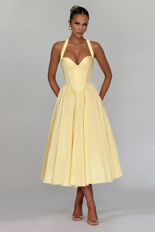 Langry fashion yellow halter-neck A-line maxi dress with pleated skirt and pockets