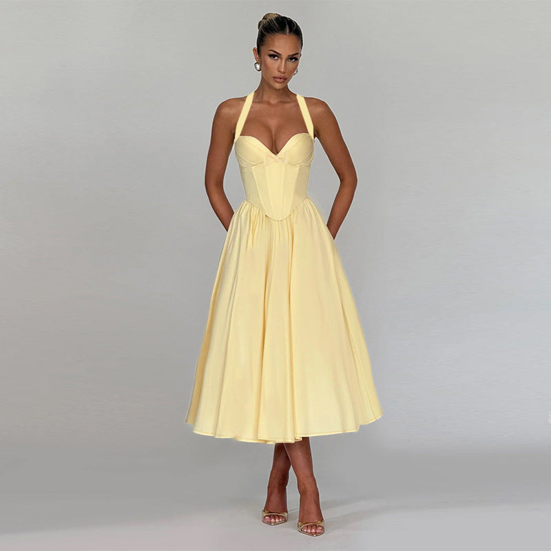 Langry fashion yellow halter-neck A-line maxi dress with pleated skirt and pockets