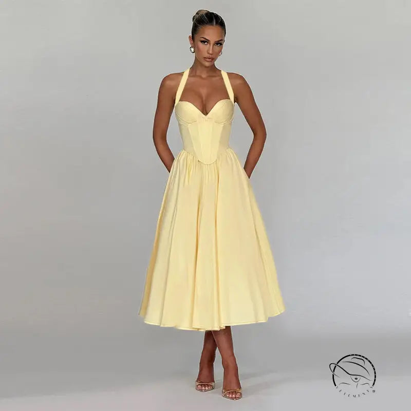 Yellow halter bow waist A-line maxi dress in langry fashion ملابس
