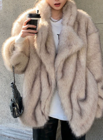 Beige faux fur oversized coat with high collar and long sleeves