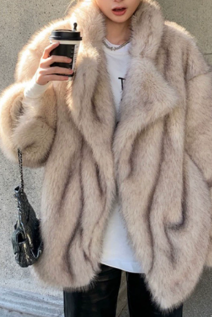 Beige faux fur oversized coat with high collar and long sleeves