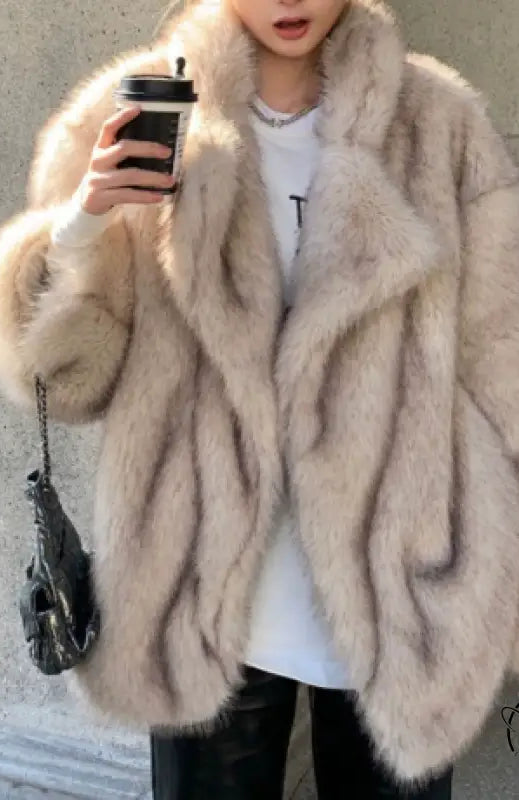 Beige faux fur oversized coat with high collar and long sleeves