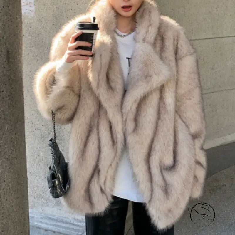 Beige faux fur oversized coat with high collar and long sleeves