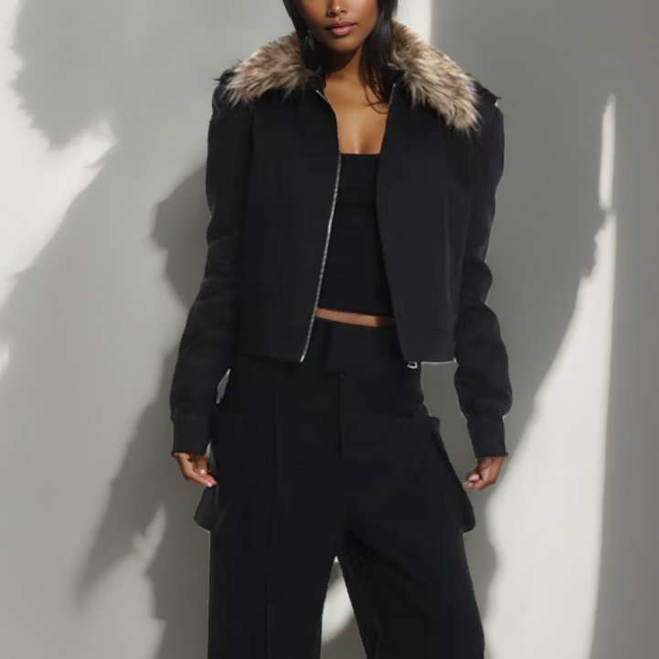 Langry fashion black fur-trimmed cropped bomber jacket with zipper closure