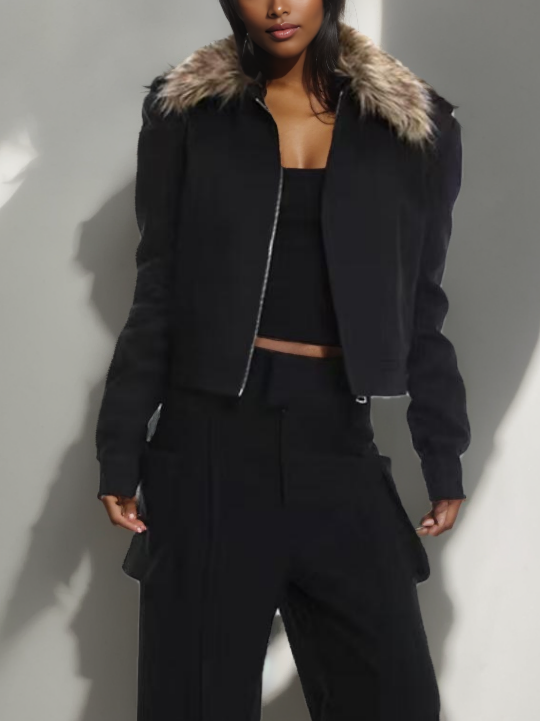 Langry fashion black fur-trimmed cropped bomber jacket with zipper closure