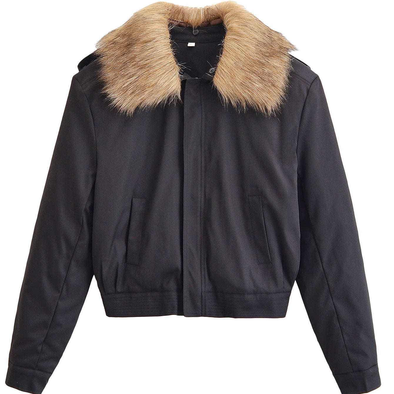 Langry fashion black bomber jacket with fur collar and zipper