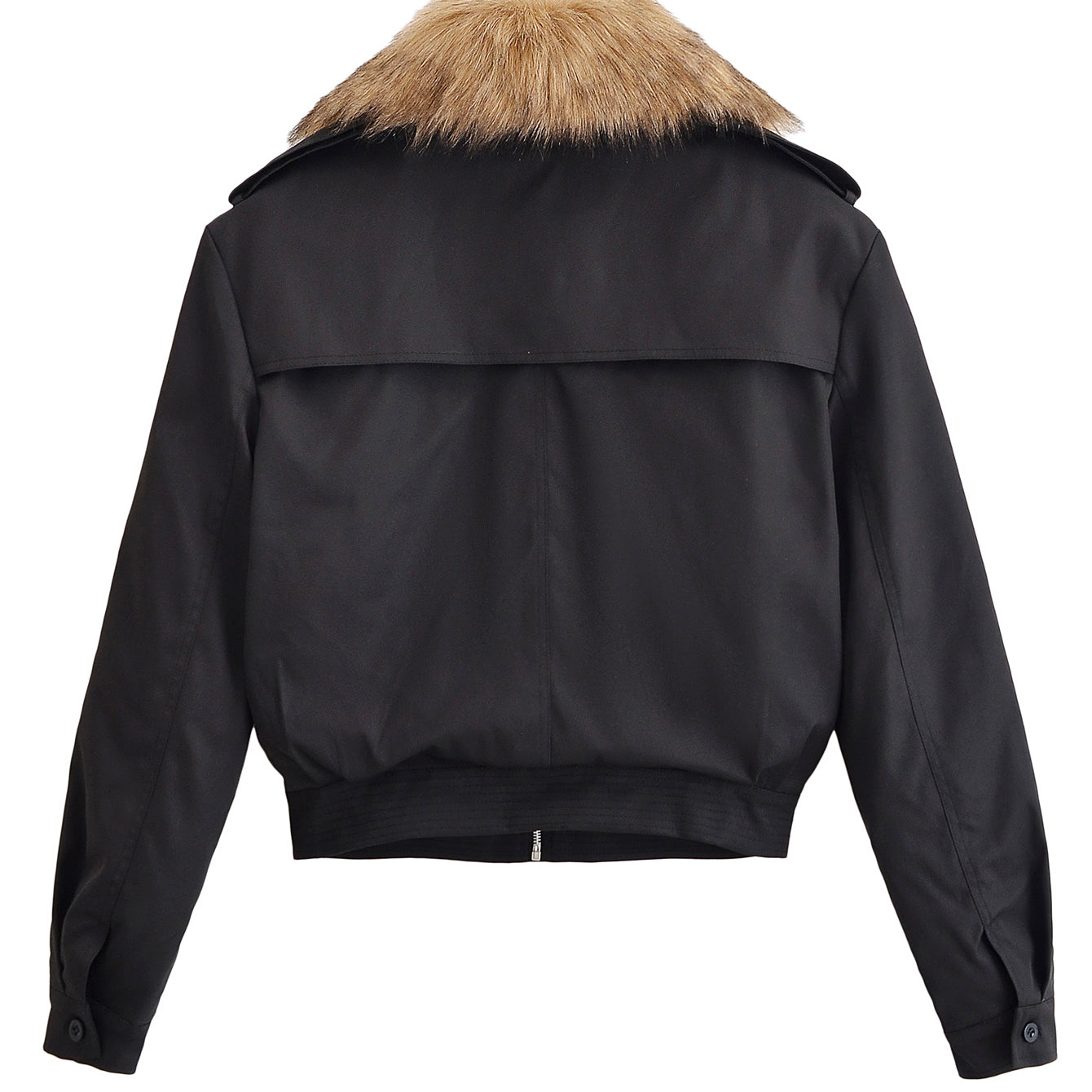 Langry fashion black bomber jacket with fur collar and zipper