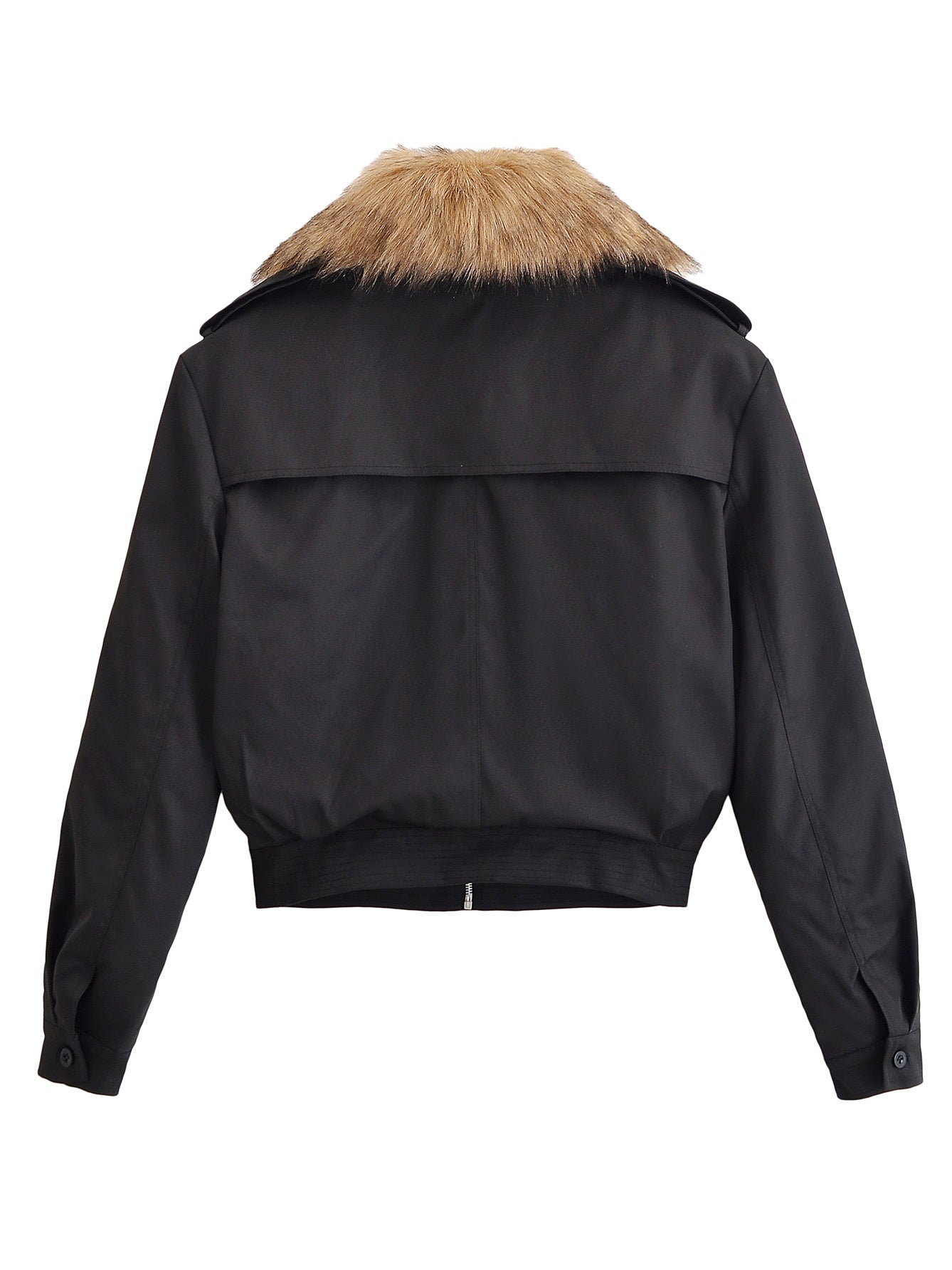 Langry fashion black bomber jacket with fur collar and zipper