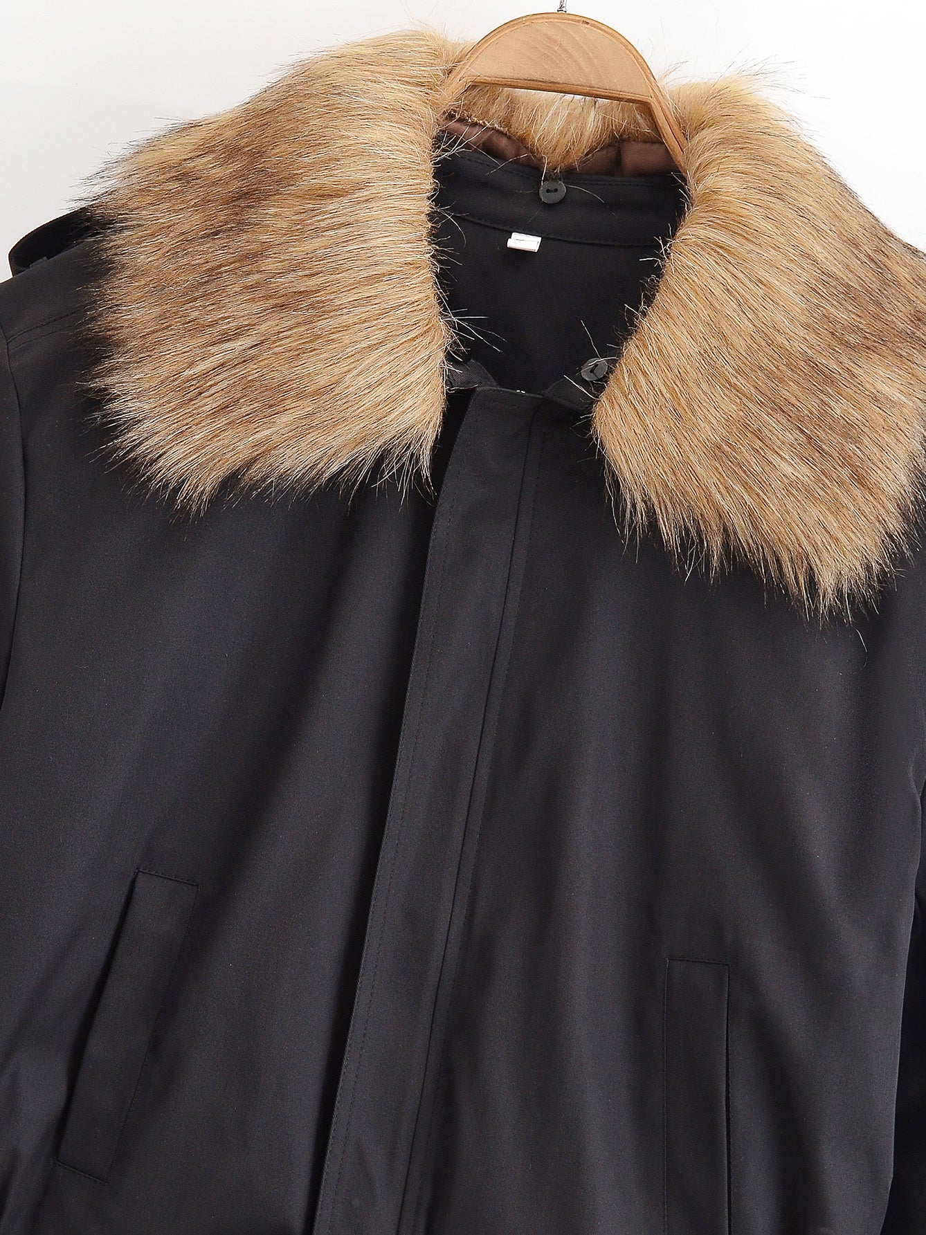 Langry fashion black fur-trimmed hooded cotton jacket coat