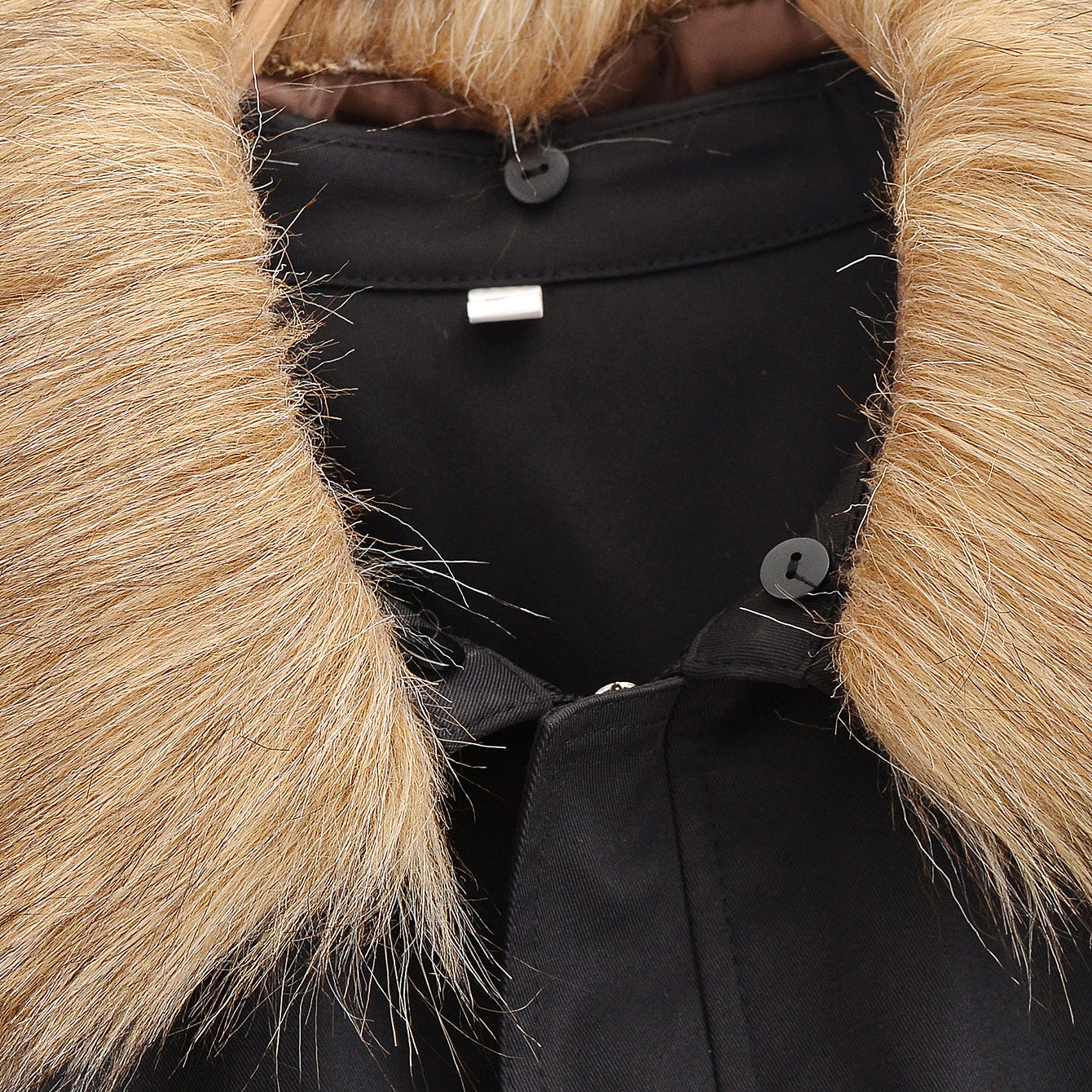 Langry fashion black fur-trimmed coat with beige lining and button closure