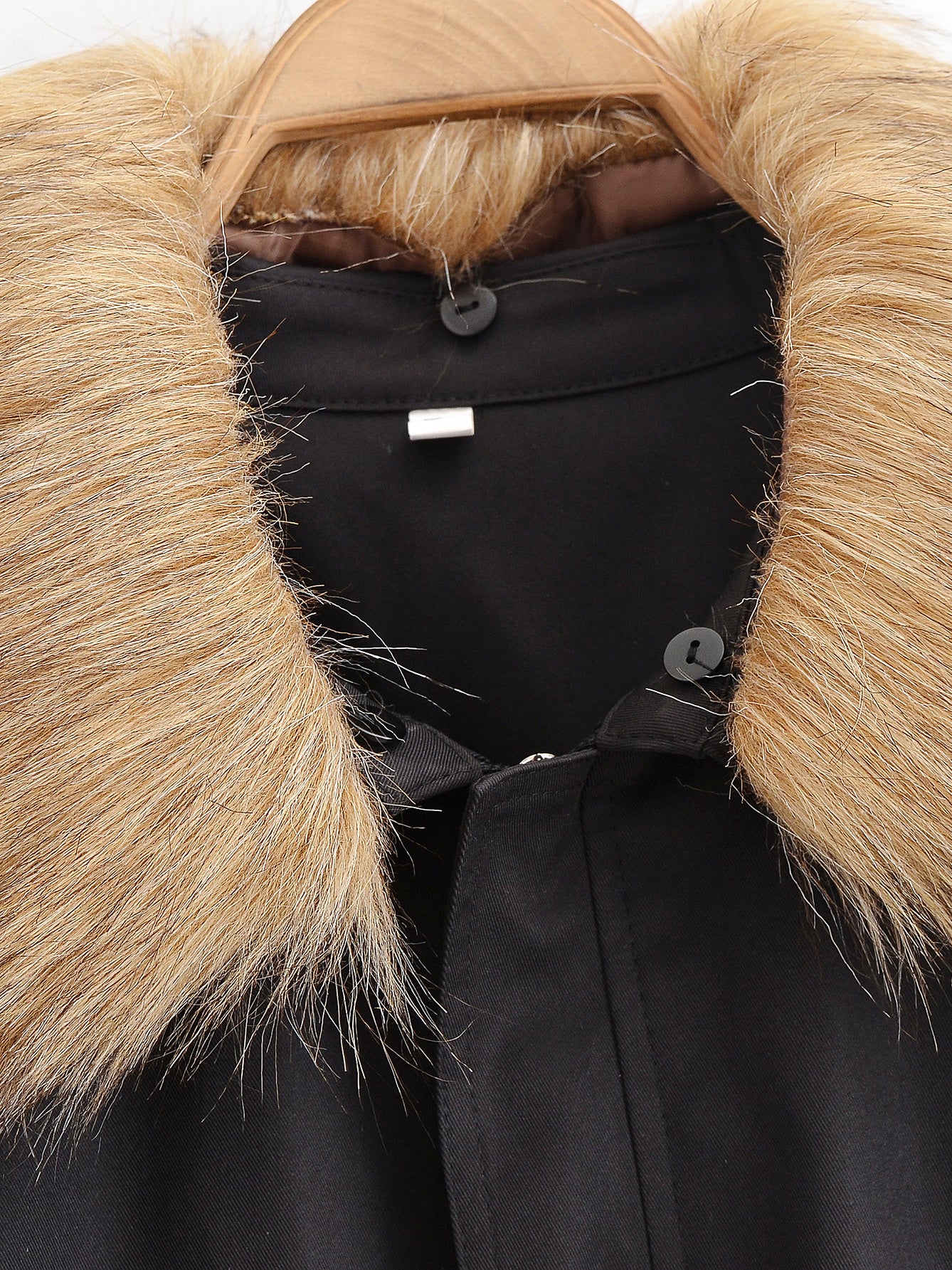 Langry fashion black fur-trimmed coat with beige lining and button closure