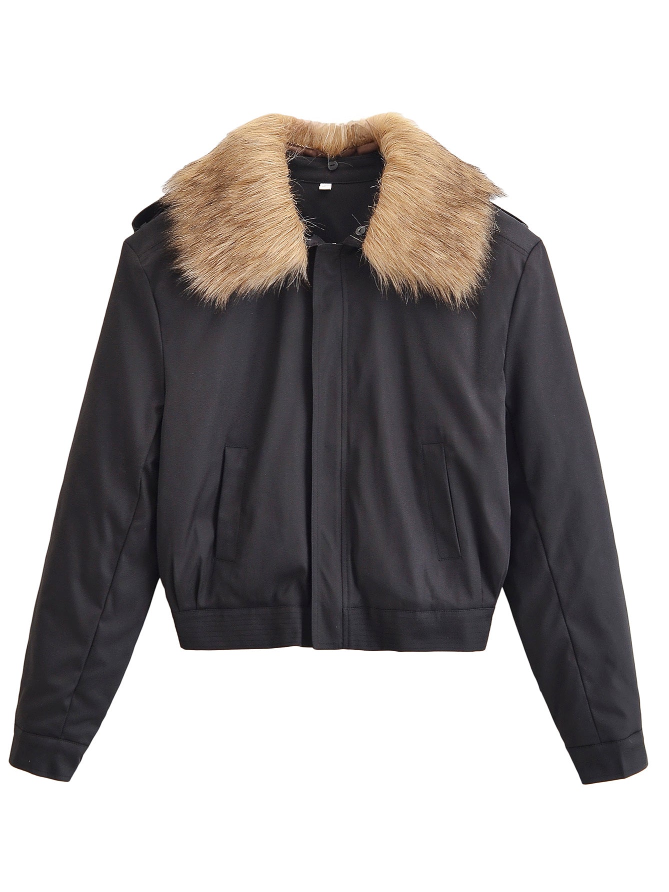 Stylish black Langry fashion bomber jacket with fur collar