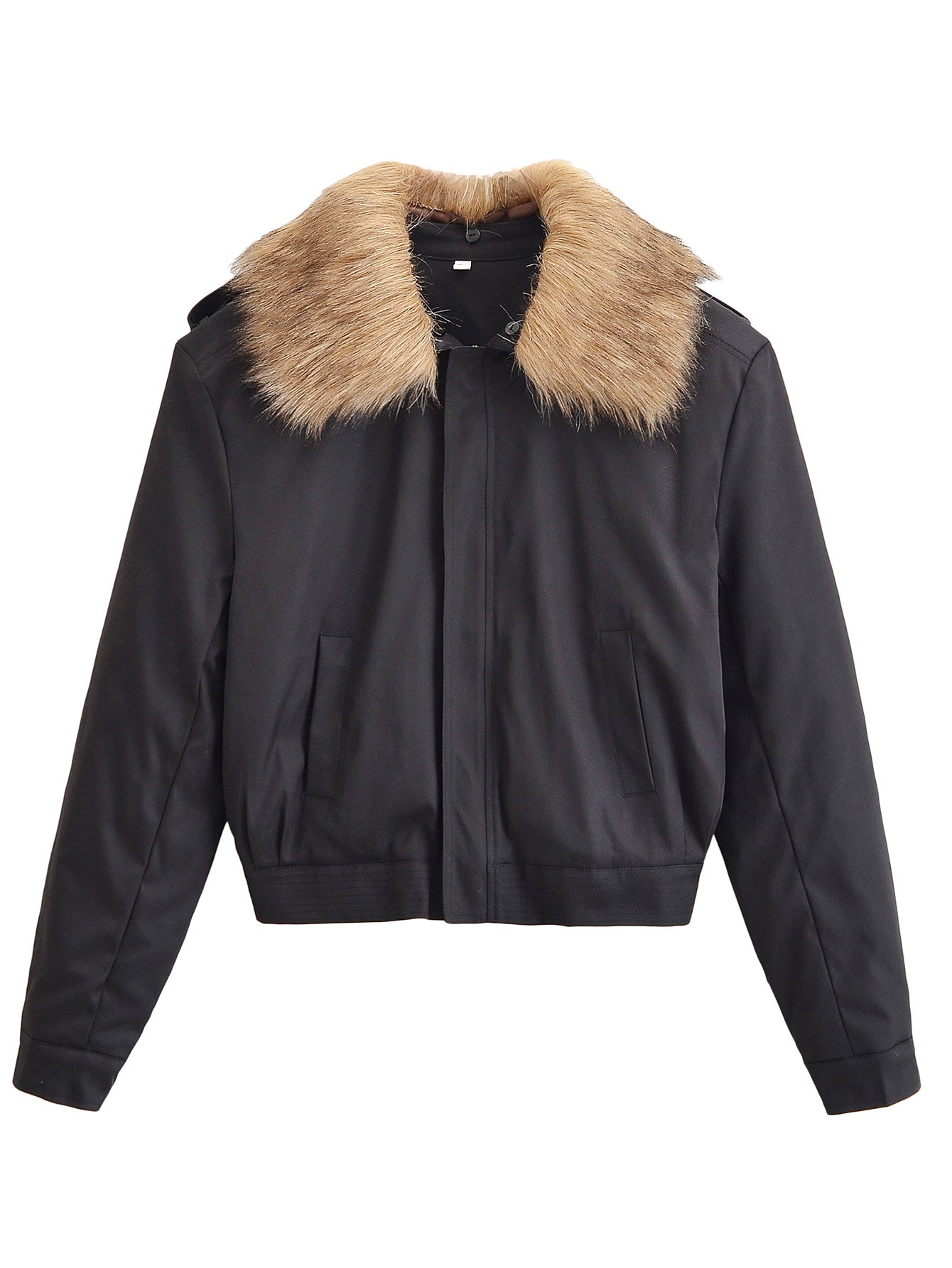 Stylish black Langry fashion bomber jacket with fur collar