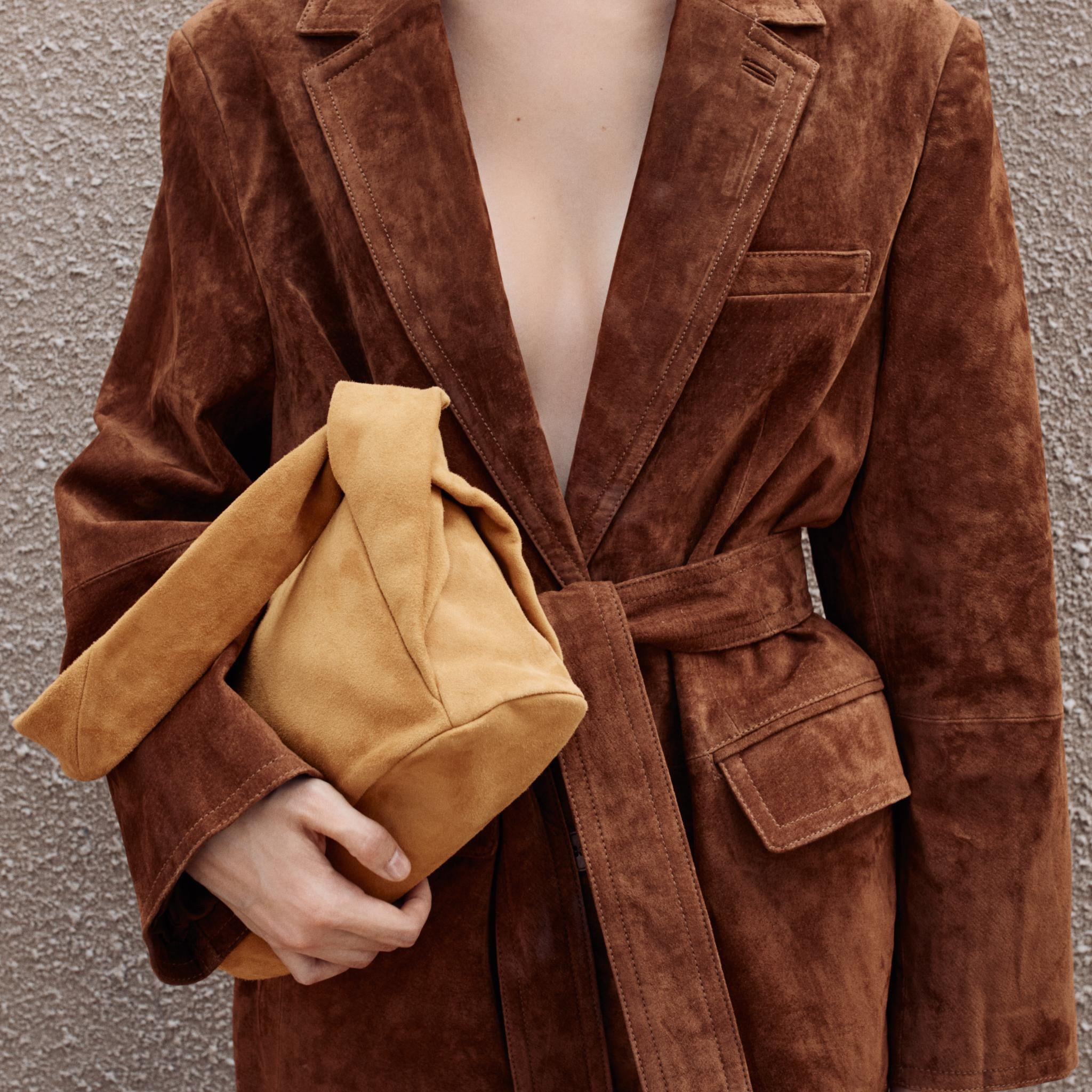 Elegant lace-up brown suede blazer with belt, pockets in Langry fashion ملابس