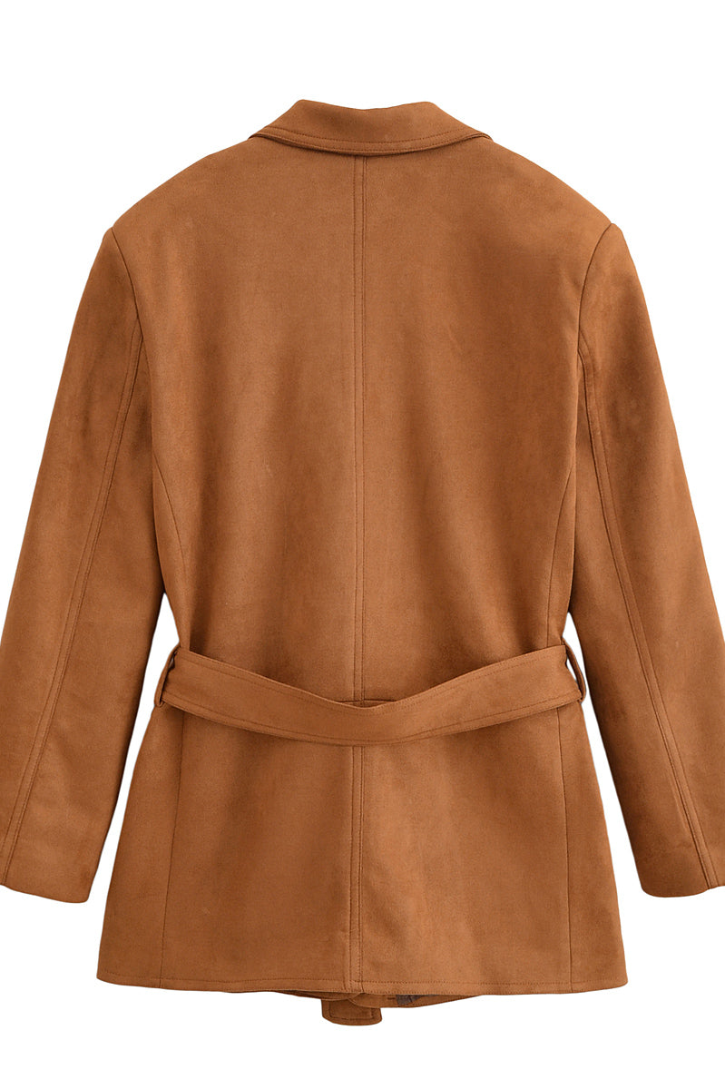 Elegant camel-colored woolen blazer with belt detail, langry fashion ملابس