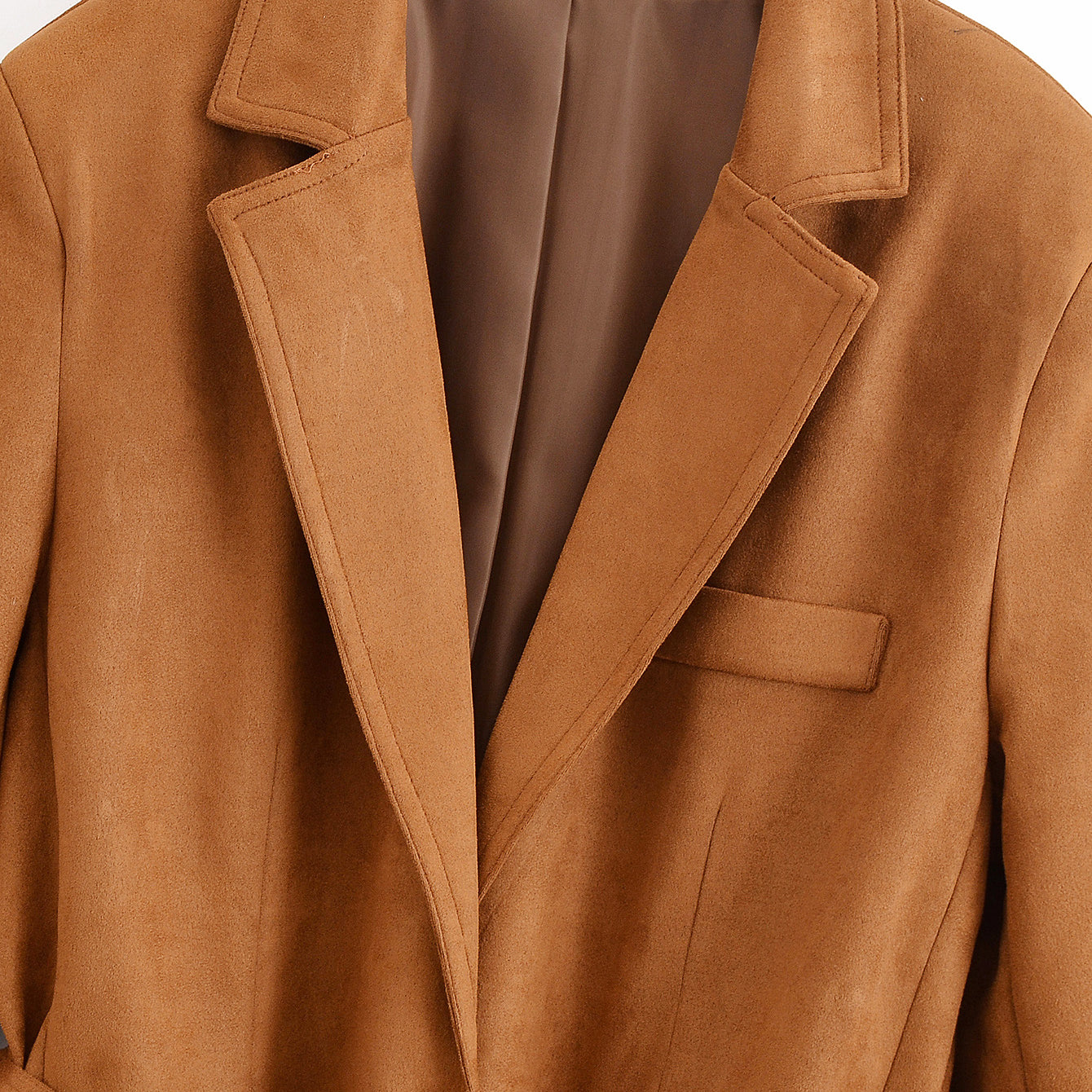 Elegant langry lace-up suede blazer in camel wool with single button and pocket detail