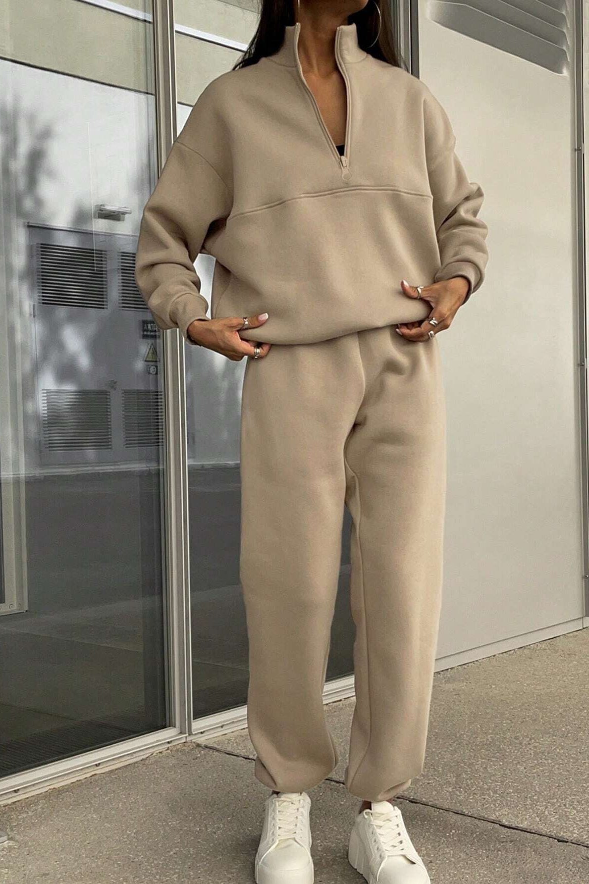 Langry beige zip-up tracksuit with white sneakers and hoodie, winter fashion ملابس