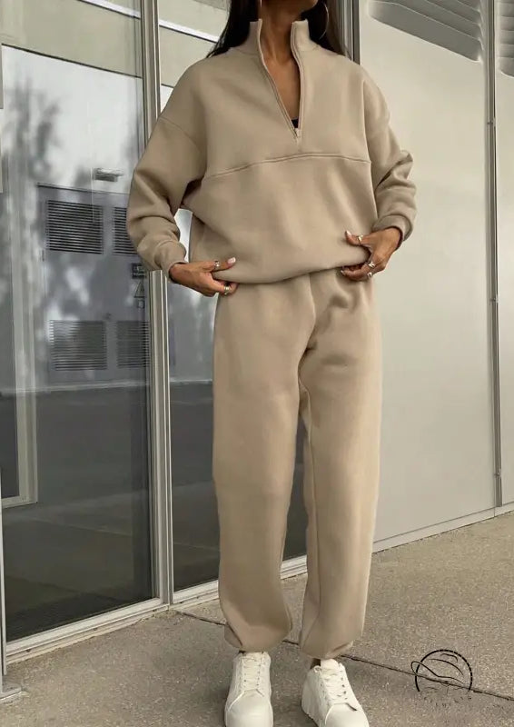 Langry beige winter zipper collared tracksuit with hoodie and sneakers