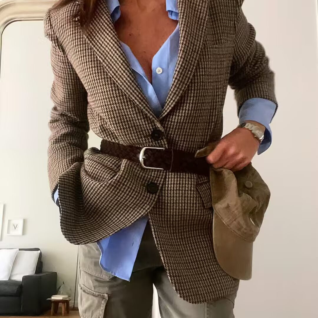 Brown plaid Langry fashion blazer with silver buttons and belt