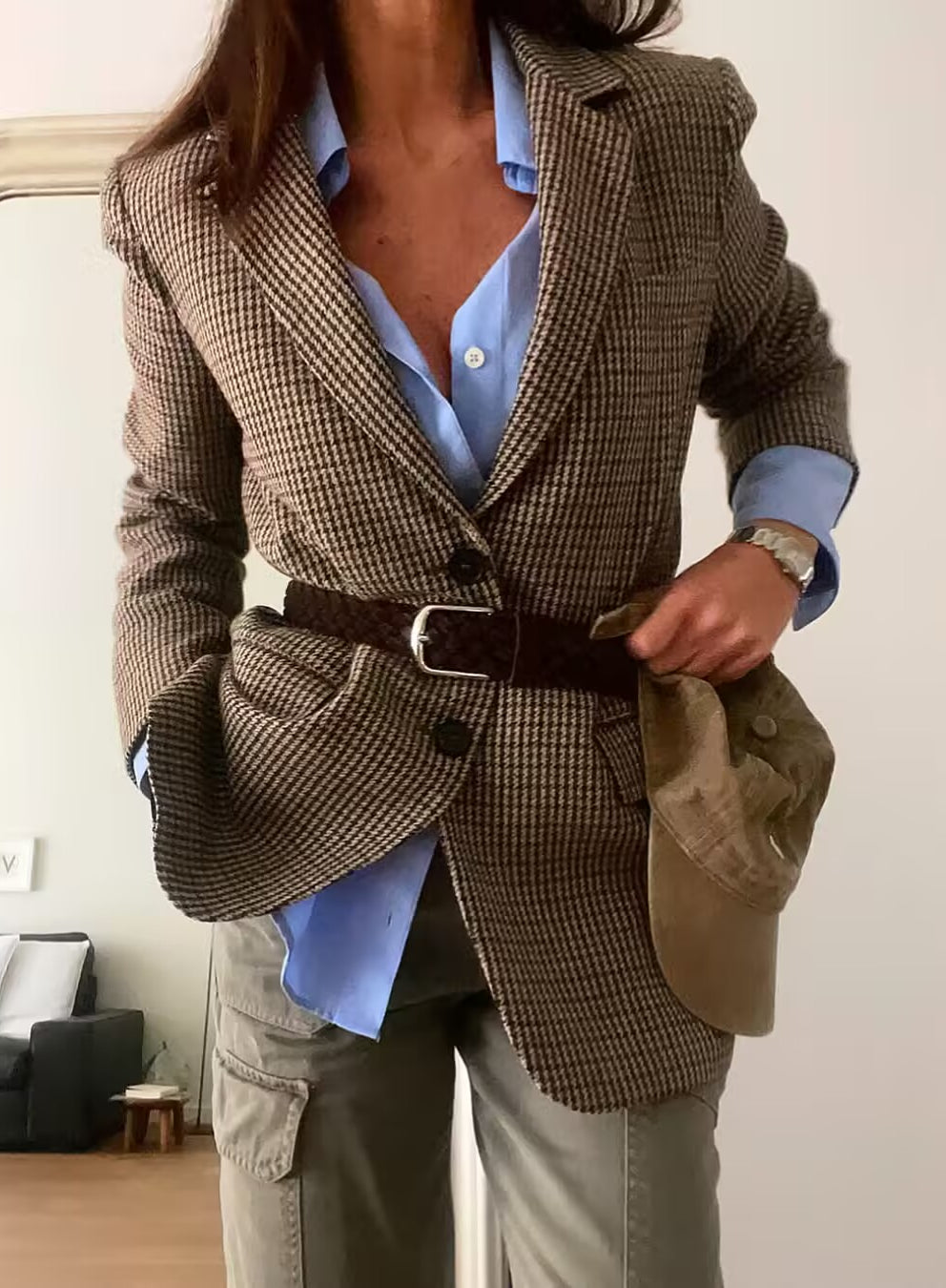 Brown plaid Langry fashion blazer with silver buttons and belt