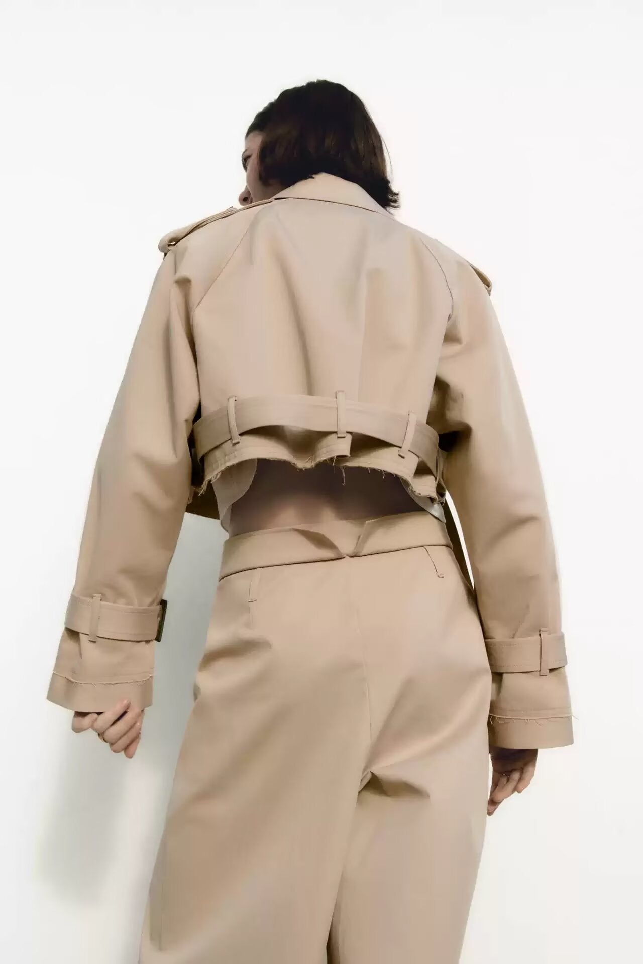 Casual long sleeve beige trench coat with belt, langry fashion ملابس