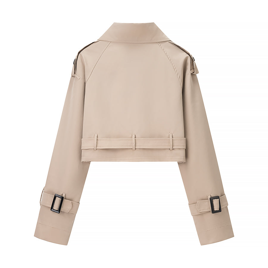 Beige cropped trench jacket in Langry fashion ملابس with silver hardware
