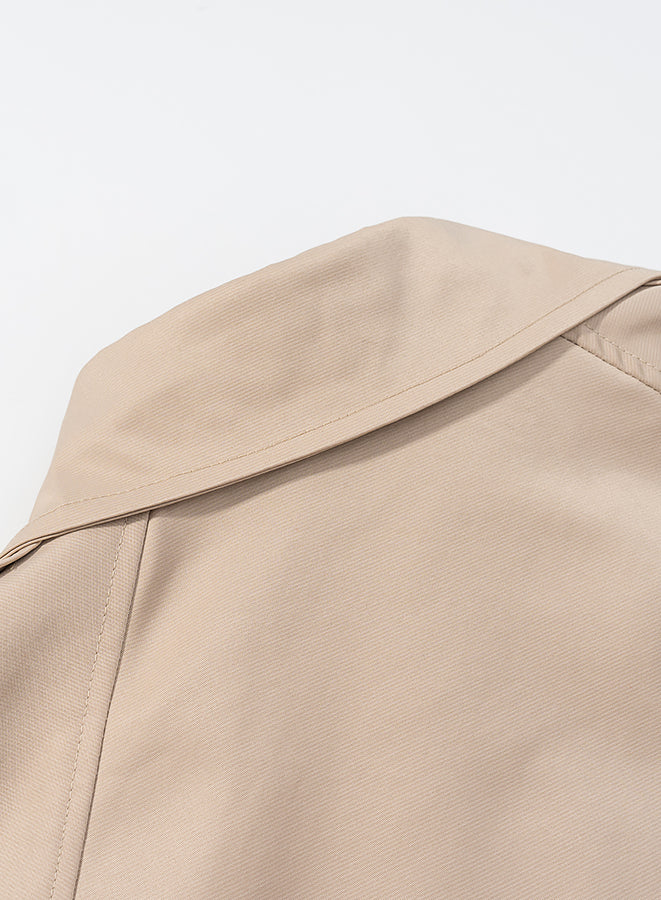 Casual long sleeve belt short trench coat in beige with double-breasted fashion design