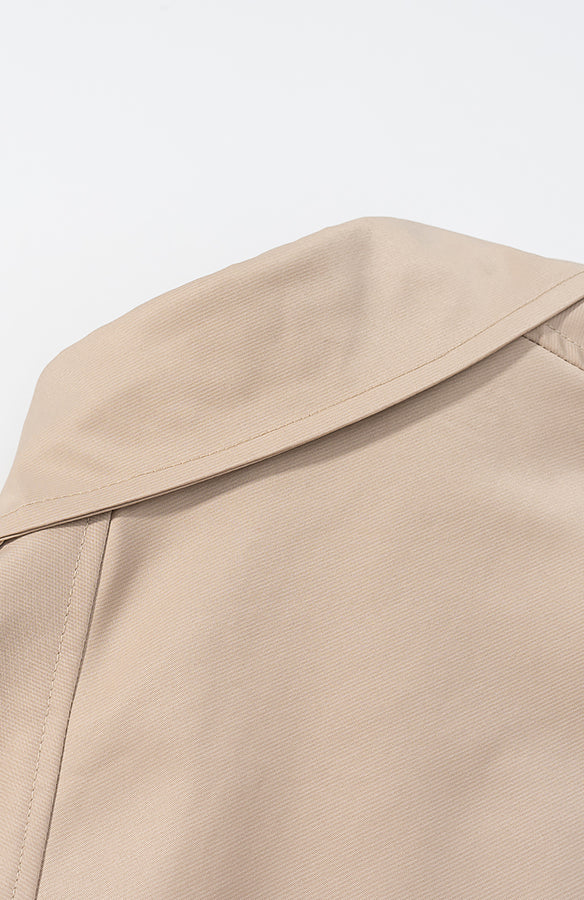 Casual long sleeve belt short trench coat in beige with double-breasted fashion design