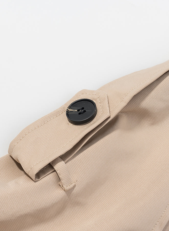 Beige canvas tote bag with black button closure, Langry fashion accessory for ملابس