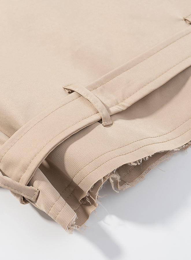 Beige denim fashion trench coat with frayed edges and buttons