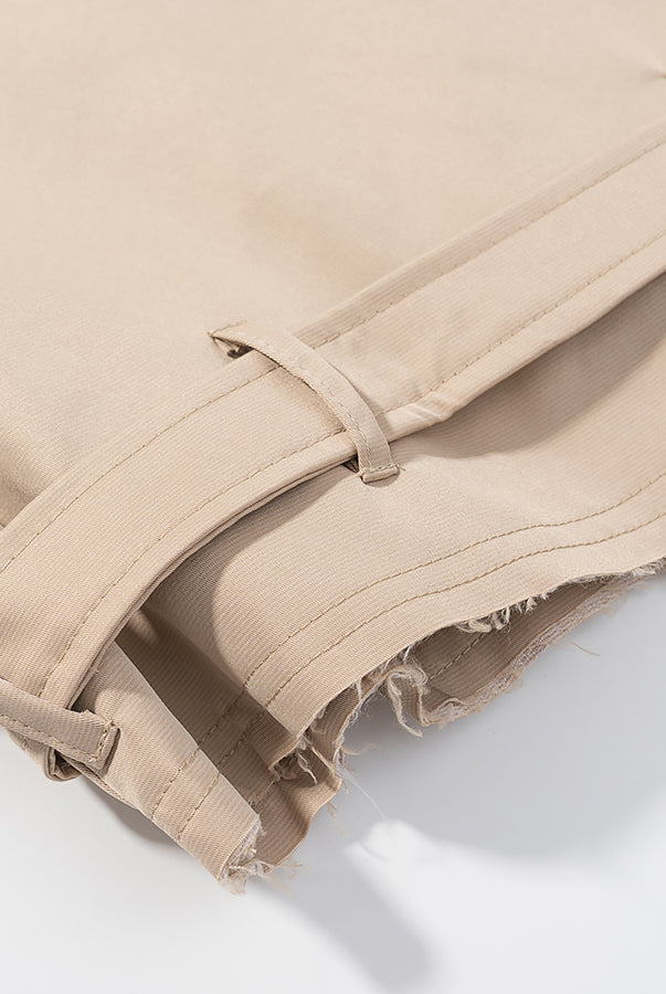 Beige denim fashion trench coat with frayed edges and buttons