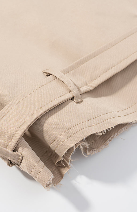 Beige denim fashion trench coat with frayed edges and buttons