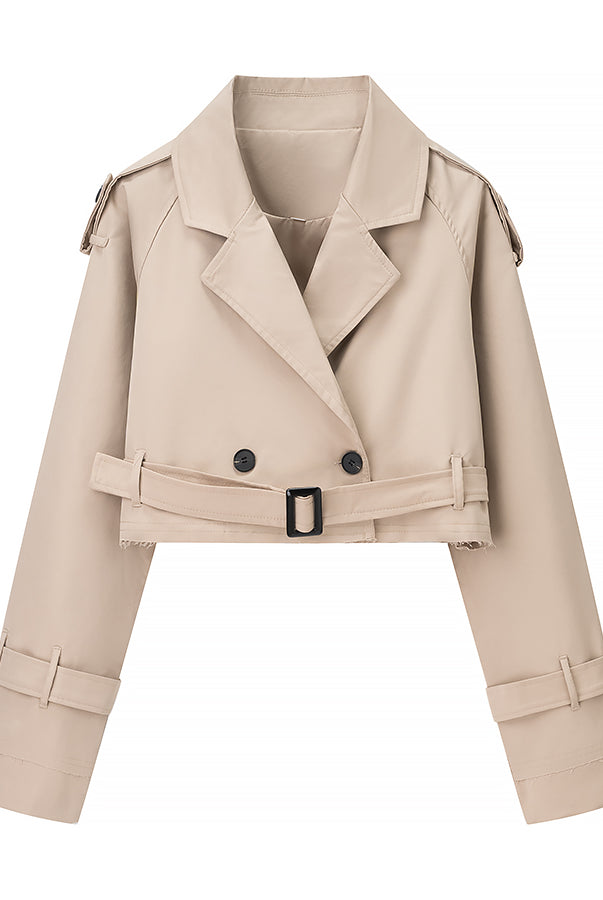 Beige cropped trench coat with double-breasted front, belt detail, langry fashion ملابس