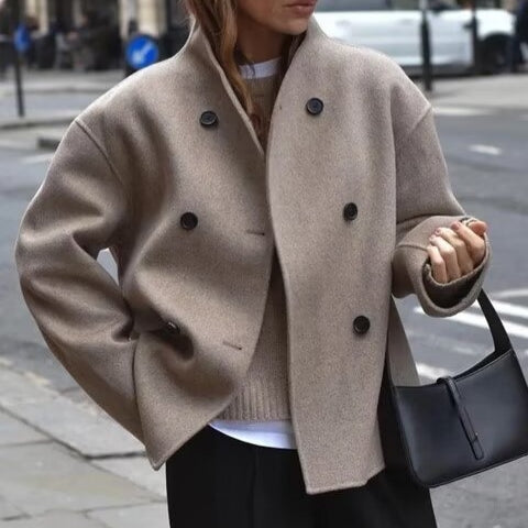 Langry fashion beige double-breasted wool coat with black buttons