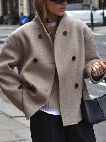 Langry fashion beige double-breasted wool coat with black buttons